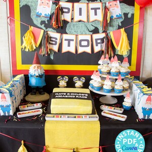 Amazing Race Party Decorations, editable clue cards, invitations. Make your own Amazing Race Challenges great for birthday party. Road Block Route info Speed bump fast forward face off u-turn banners signs canva and pdf