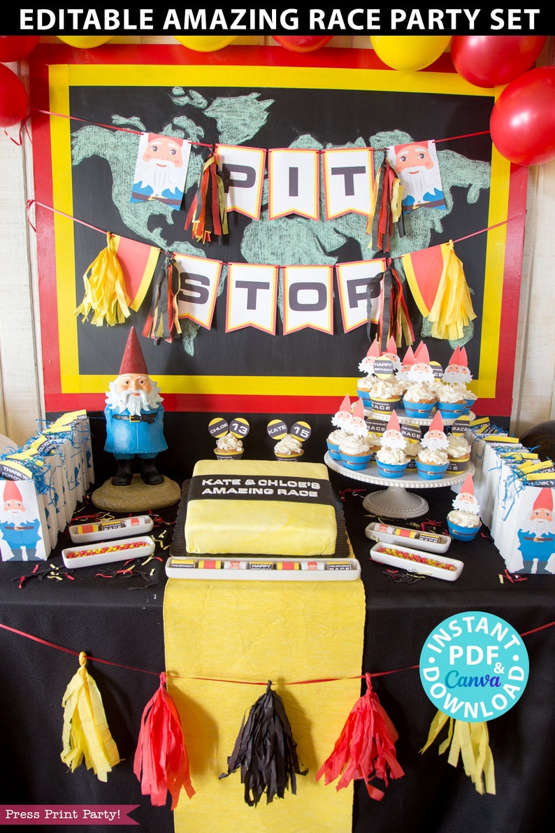 Amazing Race Party Decorations, editable clue cards, invitations. Make your own Amazing Race Challenges great for birthday party. Road Block Route info Speed bump fast forward face off u-turn banners signs canva and pdf