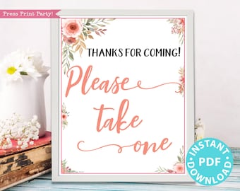 Please Take One Sign Printable, Baby Shower, Wedding, Bridal Shower Favors Sign, Birthday, Template, Rustic, Frame, Peach, INSTANT DOWNLOAD