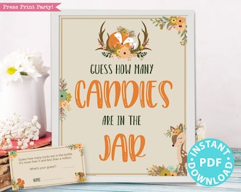 Woodland Theme Guess How Many Game Sign Printable, w Editable Text for Items & Container, Baby Shower Game Template, Rustic,INSTANT DOWNLOAD