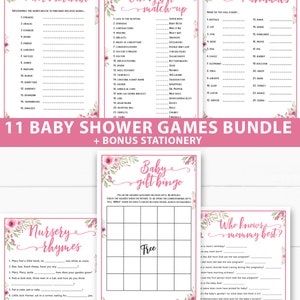 Baby Shower Games Bundle Printable, Pink Flowers, Games Pack, Unique Baby Shower Games, Funny Activities, Baby Girl, Bingo, INSTANT DOWNLOAD image 2