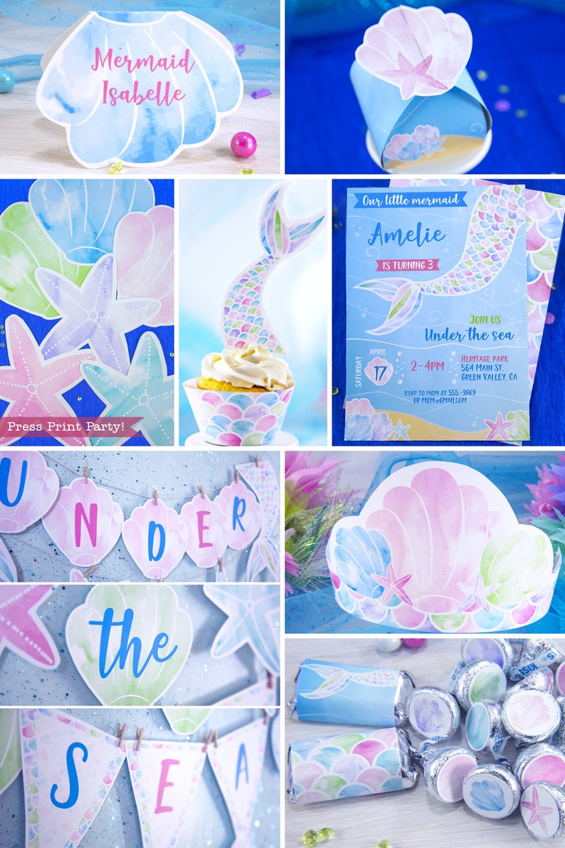 Mermaid Party Decorations Printables, Mermaid Party Supplies, Mermaid Decor Birthday, Mermaid Invitation, Under the sea, INSTANT DOWNLOAD image 1