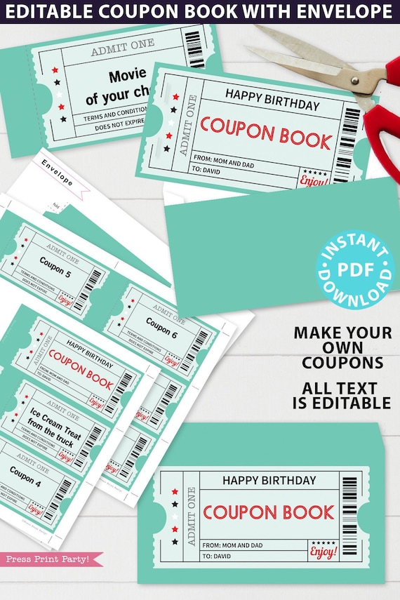 EDITABLE Coupon Book Template Printable, Green Tickets, Custom Birthday
