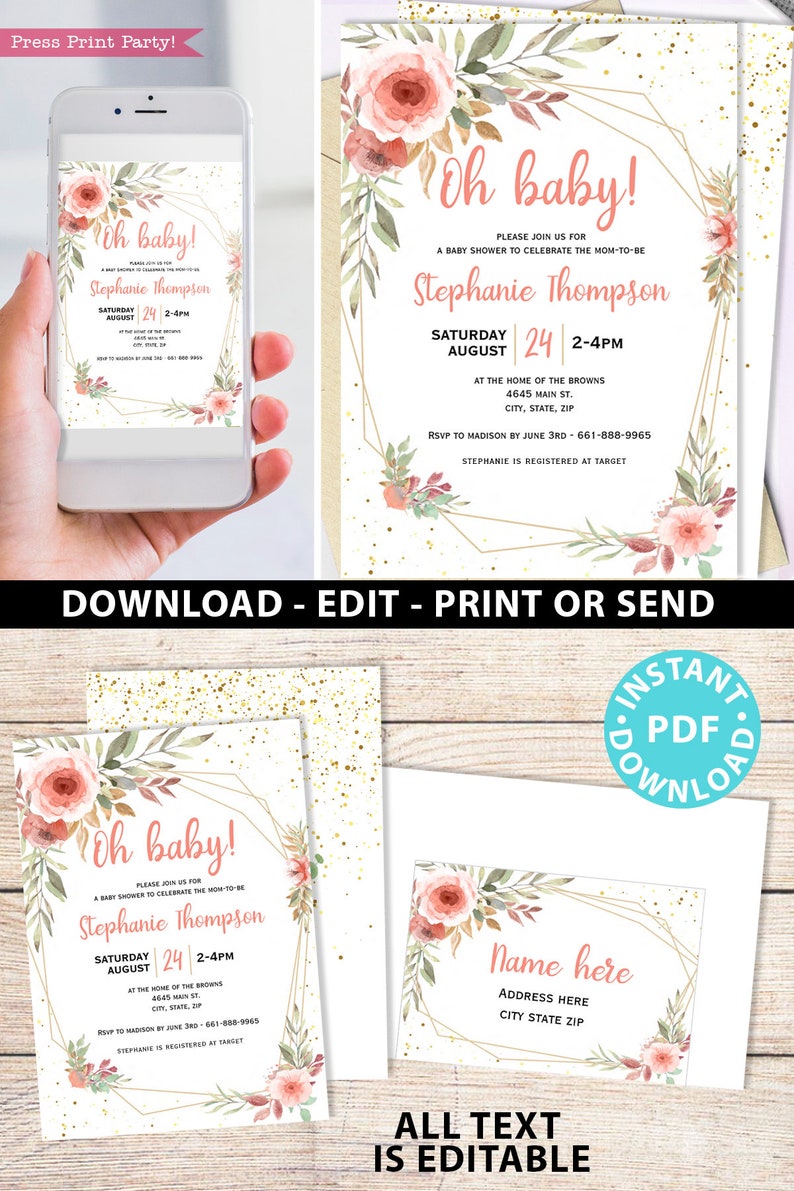 Baby Shower Printable Decoration Kit, Girl Baby Shower Template Bundle, Blush Peach Floral Baby girl decor, Oh Baby, INSTANT DOWNLOAD image 2