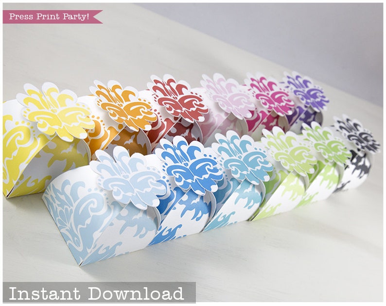 Party Supply INSTANT DOWNLOAD Bridal Shower Favor Flower Treat Box Printable Wedding Favor Box Gift Box Flower Favor Box Orange Damask