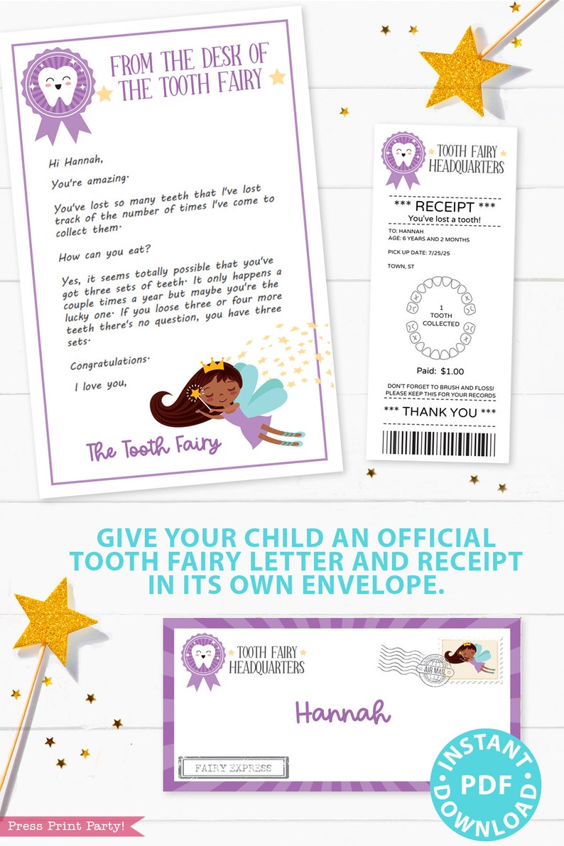 EDITABLE Tooth Fairy Letter Printable Kit & Receipts Purple w. Black Fairy, Certificate, Teeth Chart, Lost Tooth Envelope, INSTANT DOWNLOAD image 4