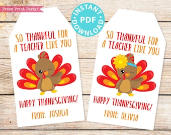 EDITABLE Thanksgiving Tags for Teacher Printable Template, For Kids Boy or Girl Turkey, Edit last line, Teacher Gift Tags, INSTANT DOWNLOAD