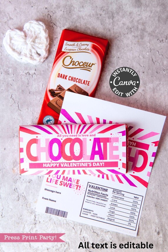 Valentine Chocolate Wrapper Printable, Aldi Choceur Mini Bar Wrap,  Editable Canva Template Cute Party Favor Gift Idea for Student, Teacher