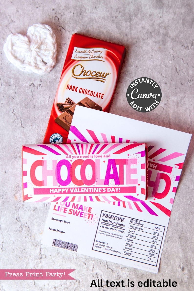 May include: A Valentine's Day-themed image featuring a dark chocolate bar, a decorative white heart, and a greeting card. The chocolate bar is red with the brand name "Choceur" and the words "Dark Chocolate". The card says "Chocolate" and "Happy Valentine's Day!"