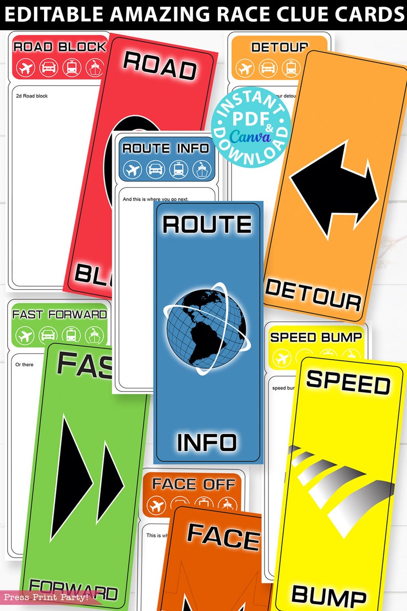 Editable Amazing Race clue cards and invitation with labels. Make your own Amazing Race Party Challenges