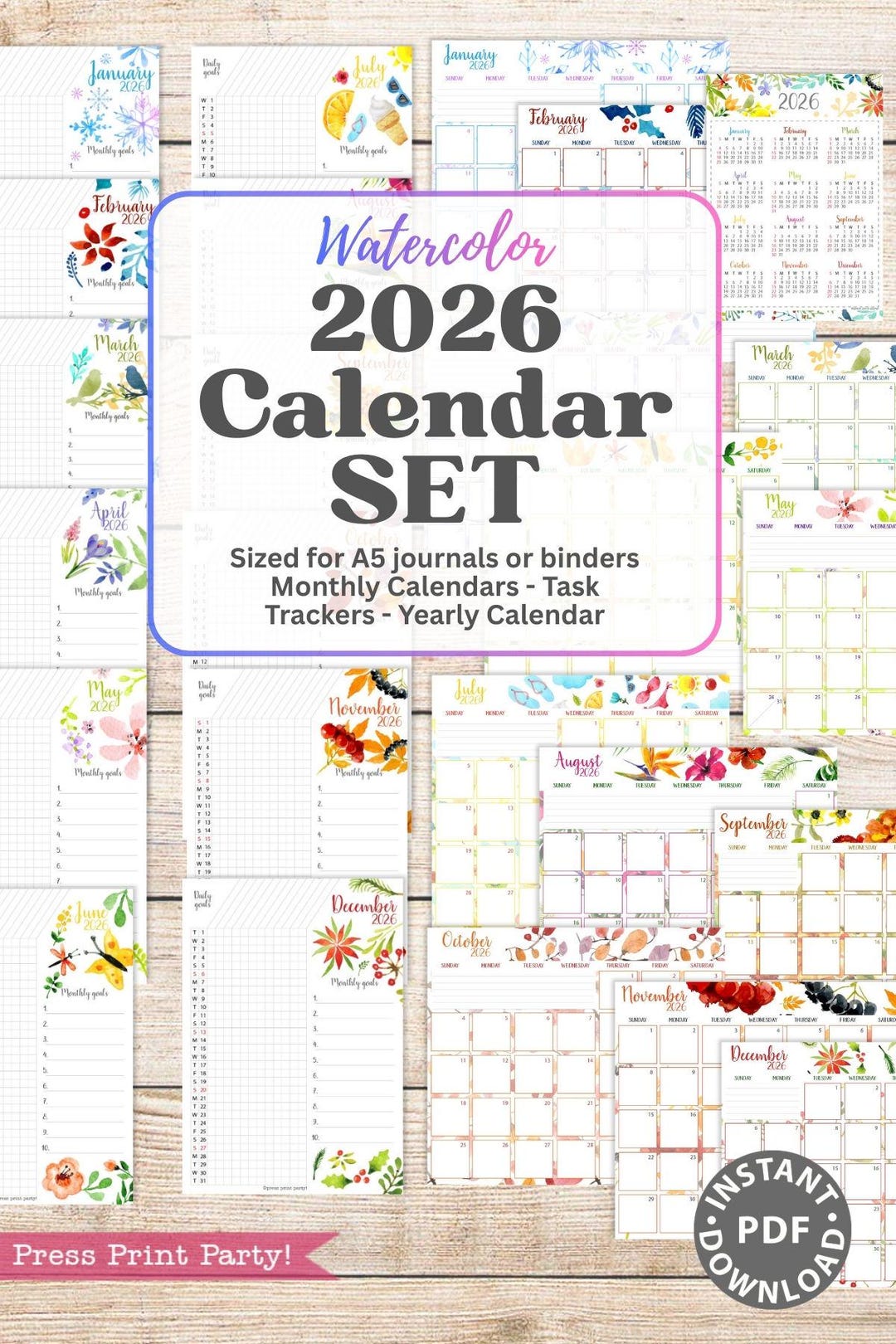 2026 Calendar Set, Watercolor Floral Design, Printable Habit Tracker ...