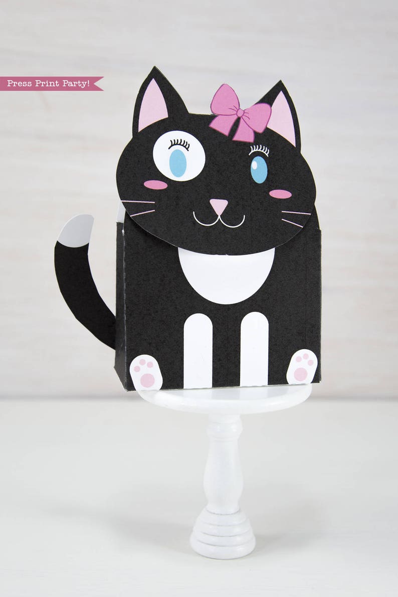 Cat Favor Box Printable, Girl Cat Birthday Box, Cat Party Decorations, DIY kitten favor box, Cat gift box, Cat Lover Gift, INSTANT DOWNLOAD image 2