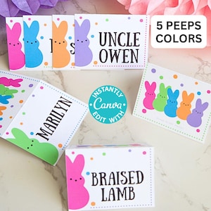 Cartões de lugar editáveis Peeps Coelho da Páscoa Etiqueta de comida colorida Cartão de tenda de bufê personalizado Configuração de nome Modelo de festa de mesa fofo para impressão