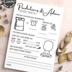 Carte de conseils sur les prédictions de baby shower, jeu moderne minimaliste à imprimer, souvenir de fête modifiable pour maman, cadeau amusant pour nouveau parent, activité pour invités