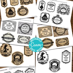Fully editable apothecary labels for custom potion labels,vintage herb labels ingredient labels tincture labels, kitchen labels for containers, Halloween printable stickers witch. Harry Potter. Wizard party, Halloween party decor. Press Print Party!
