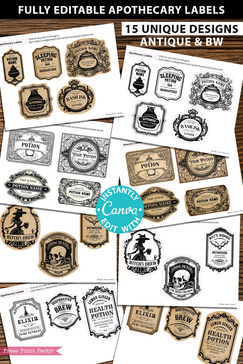 Fully editable apothecary labels for custom potion labels,vintage herb labels ingredient labels tincture labels, kitchen labels for containers, Halloween printable stickers witch. Harry Potter. Wizard party, Halloween party decor. Press Print Party!
