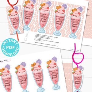 May include: Printable Valentine's Day straw tags featuring a pink milkshake with a straw, cookies, and a cherry on top. The text on the tag reads "You're an ex straw special friend!" and "Happy Valentine's Day". The tags are editable on the back.
