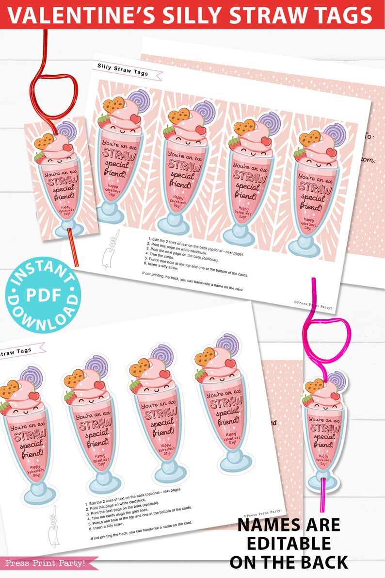 May include: Printable Valentine's Day straw tags featuring a pink milkshake with a straw, cookies, and a cherry on top. The text on the tag reads "You're an ex straw special friend!" and "Happy Valentine's Day". The tags are editable on the back.