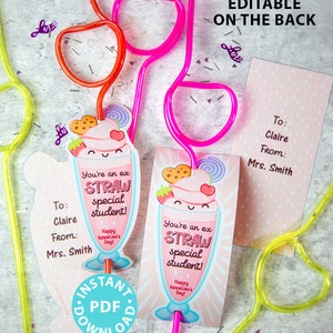 May include: Valentine's Day silly straw tags with a milkshake design. The tags read "You're an ex STRAW special student!" and "Happy Valentine's Day!" Pink, orange, and yellow straws are also visible. The text "NAMES ARE EDITABLE ON THE BACK" is also visible.
