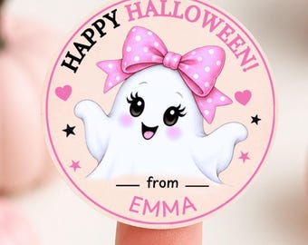 Pink Coquette Happy Ghost Halloween Stickers, Round Avery Labels, Personalized Canva Template, Cute Treat Bag Printable, Digital Party Favor