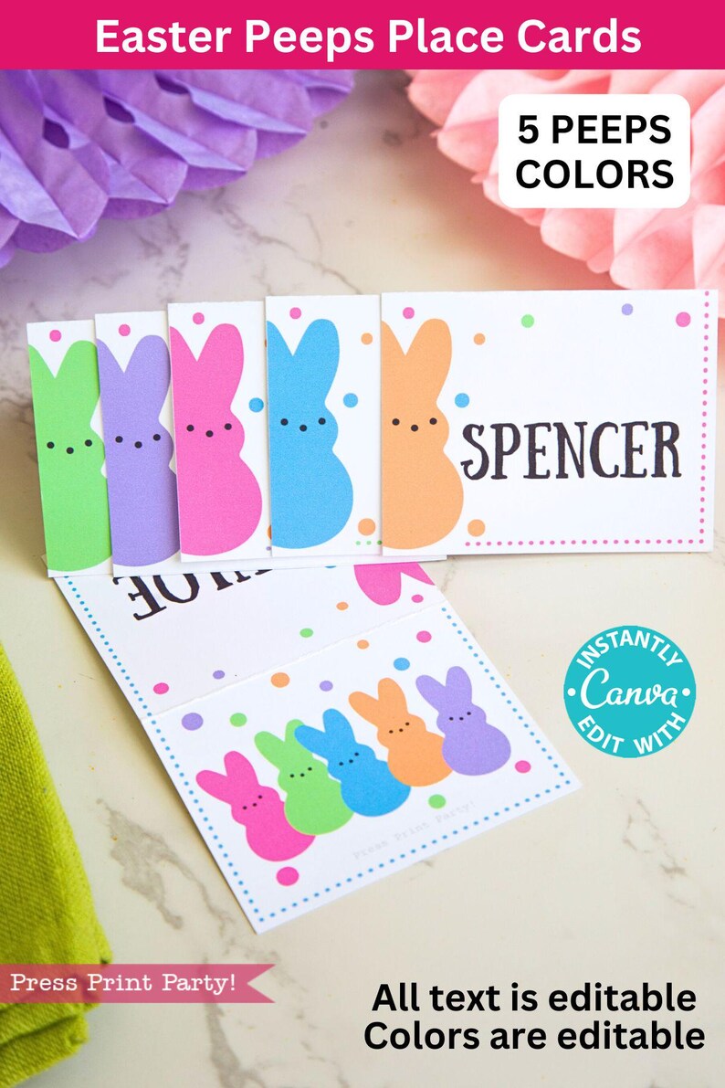 Editable Peeps Place Cards Easter Bunny Colorful Food Label ...