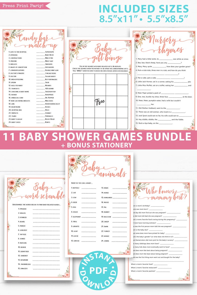 Baby Shower Games Bundle Printable, Peach Flowers, Games Pack, Unique Baby Shower Games, Funny Activities, Girl, Bingo, INSTANT DOWNLOAD image 3