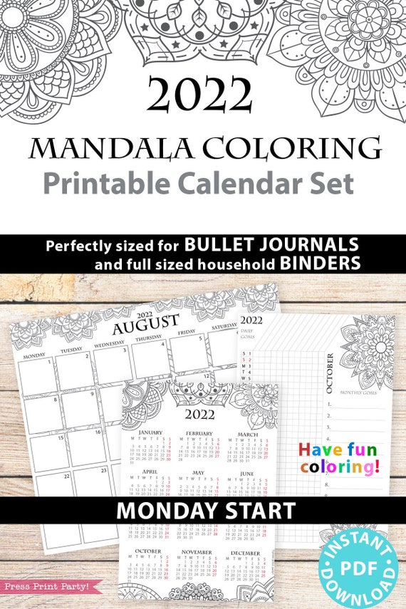 monday start 2022 printable calendar template set mandala coloring bullet journal printable monthly and daily routine instant download by press print party catch my party