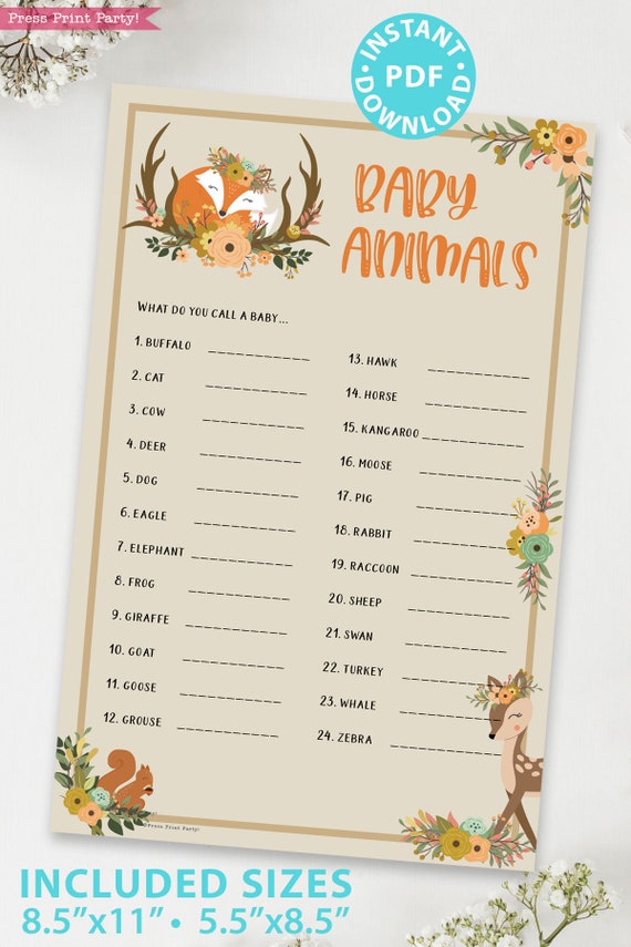 Woodland Theme Baby Animals Baby Shower Game Printable Baby Animal Name Game Template Forest Animals Fox Deer Fall Instant Download By Press Print Party Catch My Party