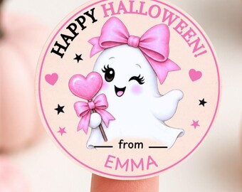 Pink Coquette Heart Ghost Halloween Stickers, Round Avery Labels, Personalized Canva Template, Cute Treat Bag Printable, Digital Party Favor