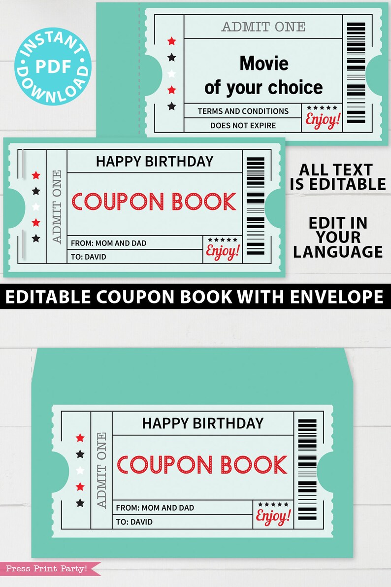 EDITABLE Coupon Book Template Printable Green Tickets Custom - Etsy