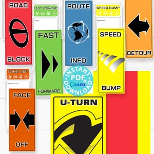 Amazing Race Party Decorations, editable clue cards, invitations. Make your own Amazing Race Challenges great for birthday party. Road Block Route info Speed bump fast forward face off u-turn banners signs canva and pdf