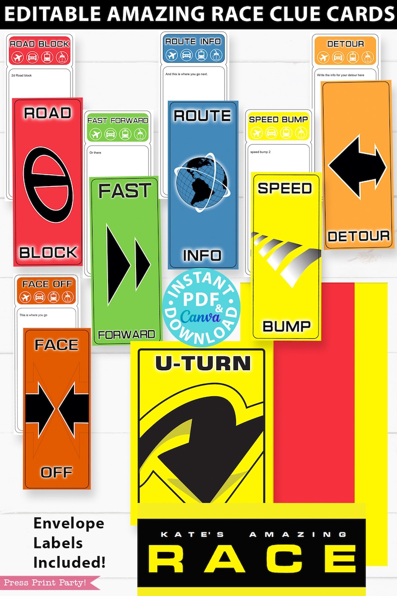 Amazing Race Party Decorations, editable clue cards, invitations. Make your own Amazing Race Challenges great for birthday party. Road Block Route info Speed bump fast forward face off u-turn banners signs canva and pdf