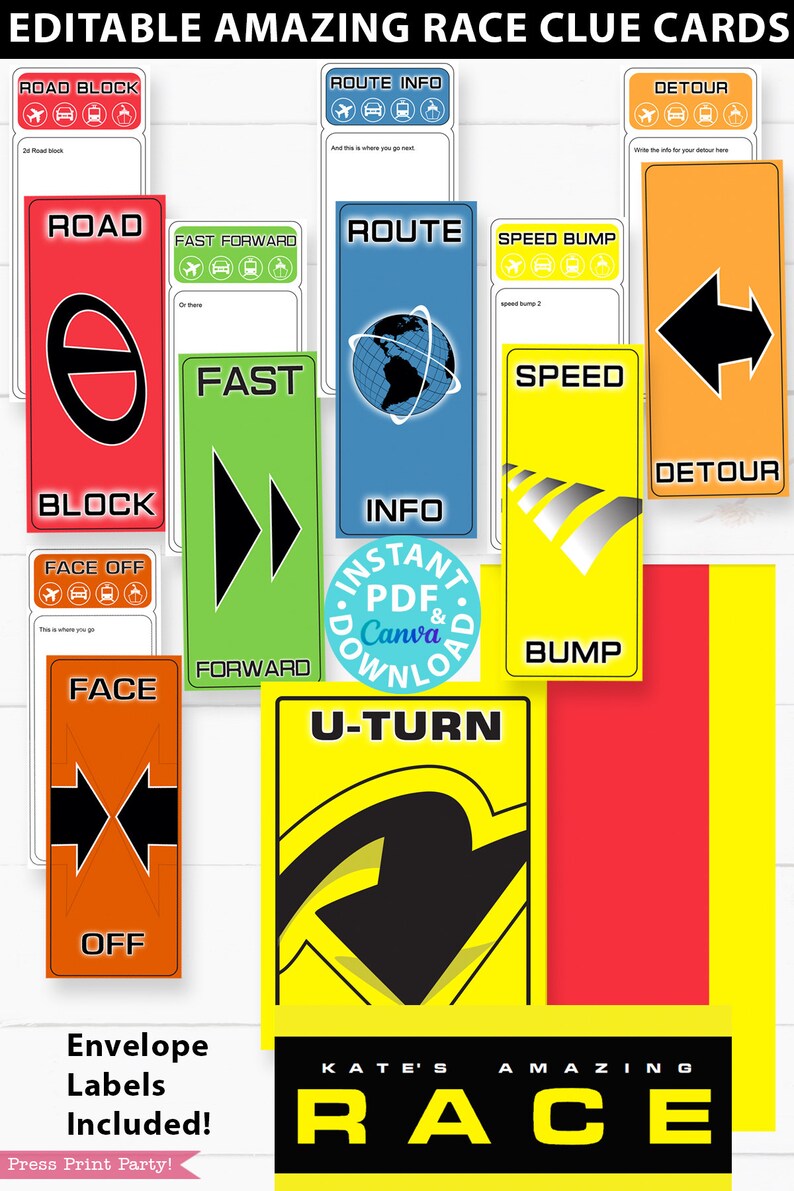 Amazing Race Party Decorations, editable clue cards, invitations. Make your own Amazing Race Challenges great for birthday party. Road Block Route info Speed bump fast forward face off u-turn banners signs canva and pdf