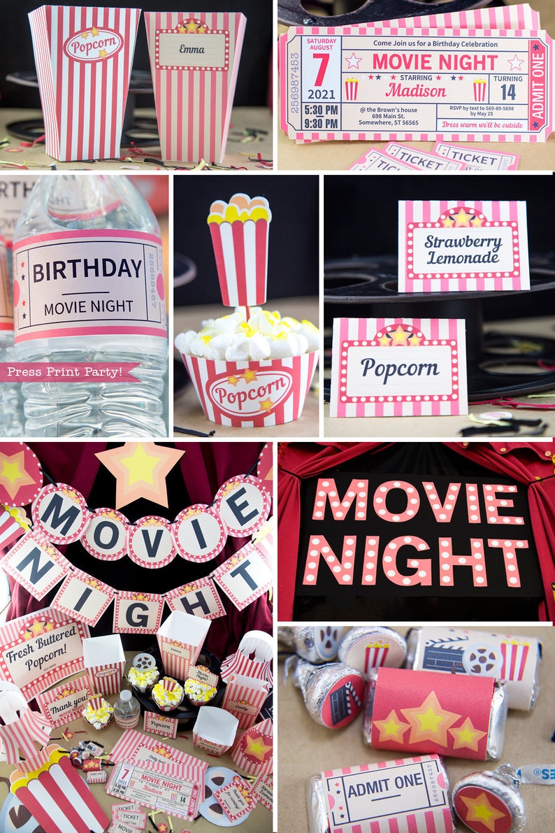 Op de afbeelding: Een roze en wit gestreepte filmnacht-partyset met een banner, popcornbakken, cupcake-verpakkingen, waterfleslabels en chocolade-reepverpakkingen. De set bevat de tekst "Movie Night" en "Birthday Movie Night".