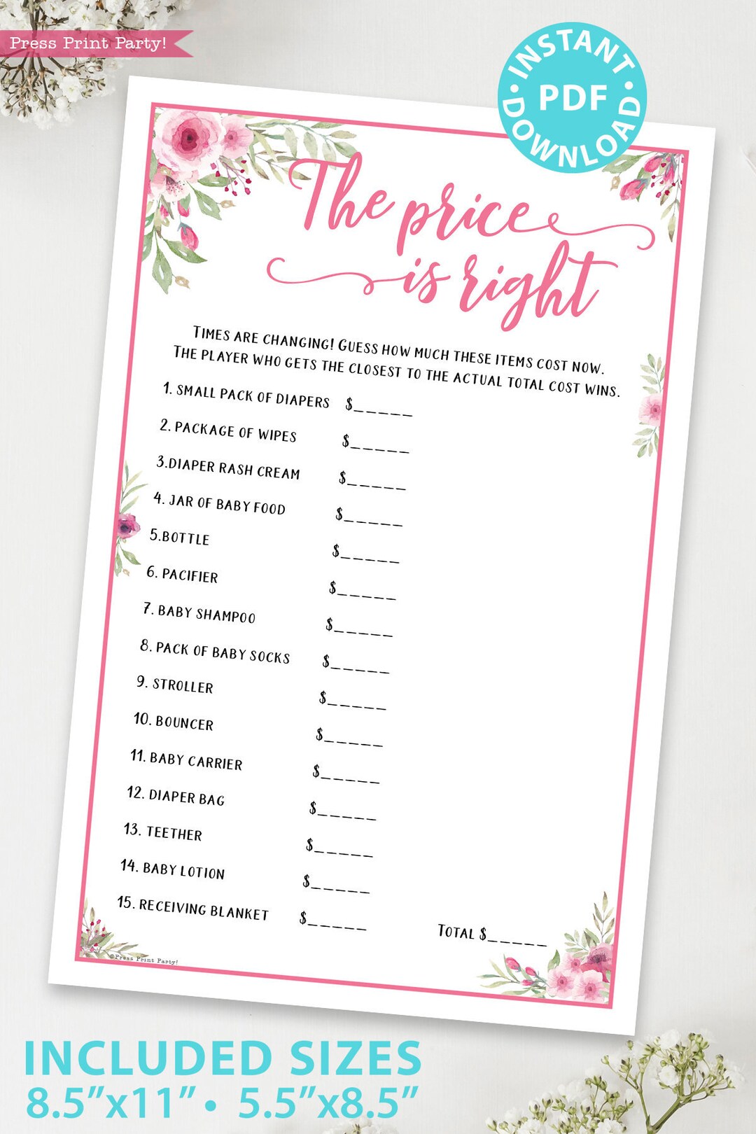 The Price is Right Baby Shower Game Printable Pink Flowers Etsy