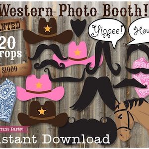 Western Photo Booth Props, Cowboy and Cowgirl, Wild West Photo Props Printables, Wanted Poster Frame, Rodeo Props, INSTANT DOWNLOAD image 1