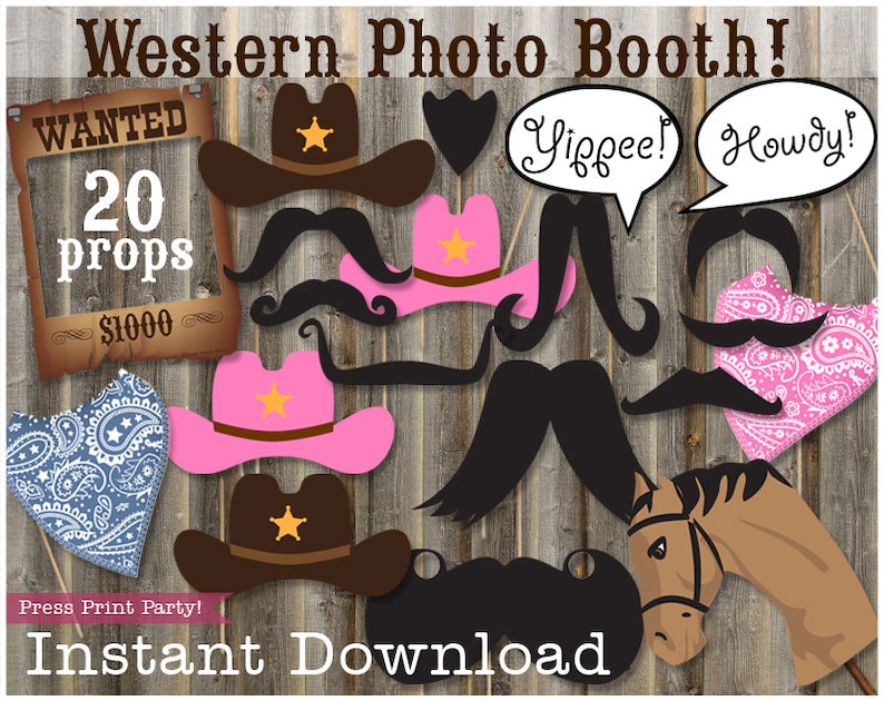 Western Photo Booth Props, Cowboy and Cowgirl, Wild West Photo Props Printables, Wanted Poster Frame, Rodeo Props, INSTANT DOWNLOAD image 1