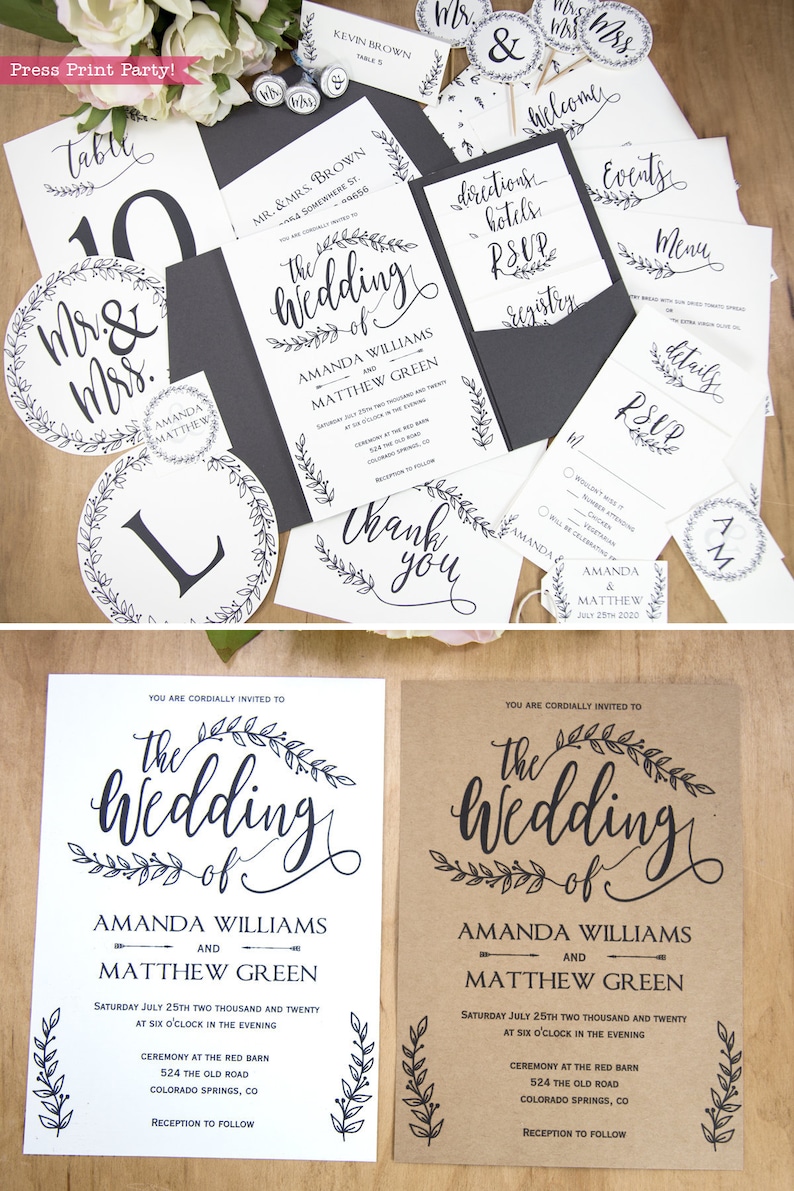 Rustic Wedding Invitation Bundle, Boho Wedding Printable Template, Table Numbers, Menu, Rustic, Pocket, Black, Kraft, Leaf, INSTANT DOWNLOAD image 1