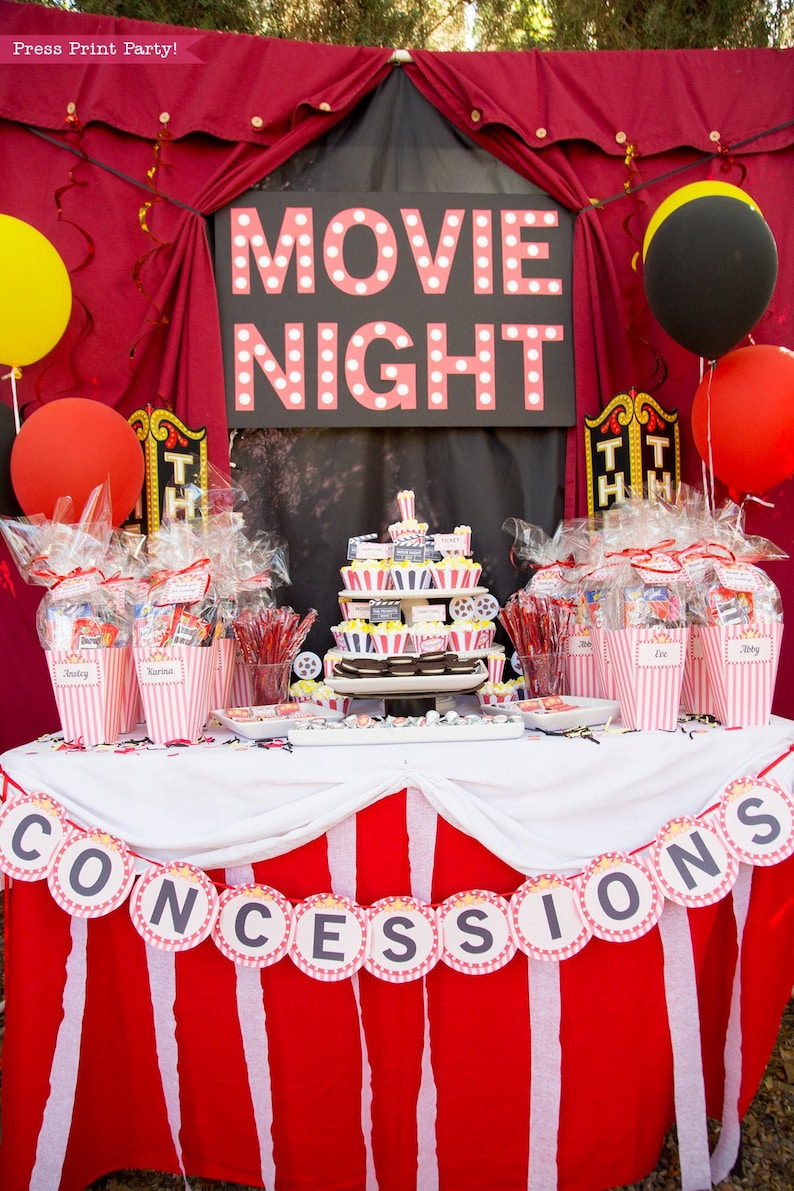 Movie Night Party Decorations Printables RED vintage, Movie Night ticket Invitation, Birthday Party, Movie Night Sign Decor INSTANT DOWNLOAD image 1