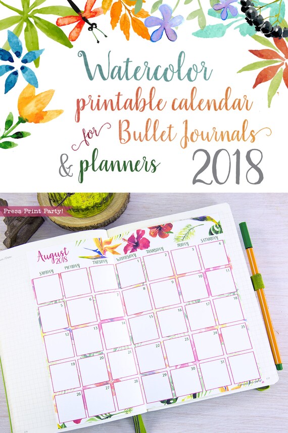 2018 monthly calendar for bullet journals and planners printable