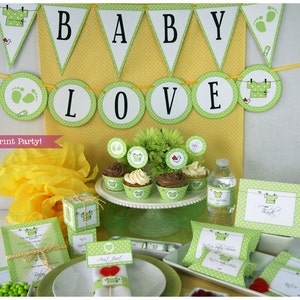 Baby Shower Decorations Printable Set, Gender Neutral Green, Love Bird, Baby Shower Invite, Favors, Party Supplies, Unisex, INSTANT DOWNLOAD image 1