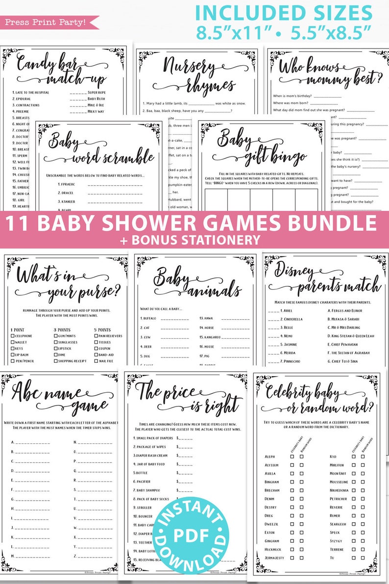 Baby Shower Games Printable Pack, Games Bundle, Unique Baby Shower Games, Funny Baby Shower Activities, Rustic, girl, boy, INSTANT DOWNLOAD image 1