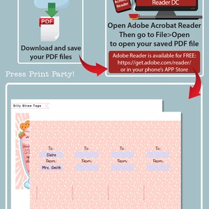May include: An image promoting editable printable PDFs. Instructions include downloading and saving PDF files, and opening them in Adobe Acrobat Reader. The image also shows Silly Straw Tags with editable fields for names.