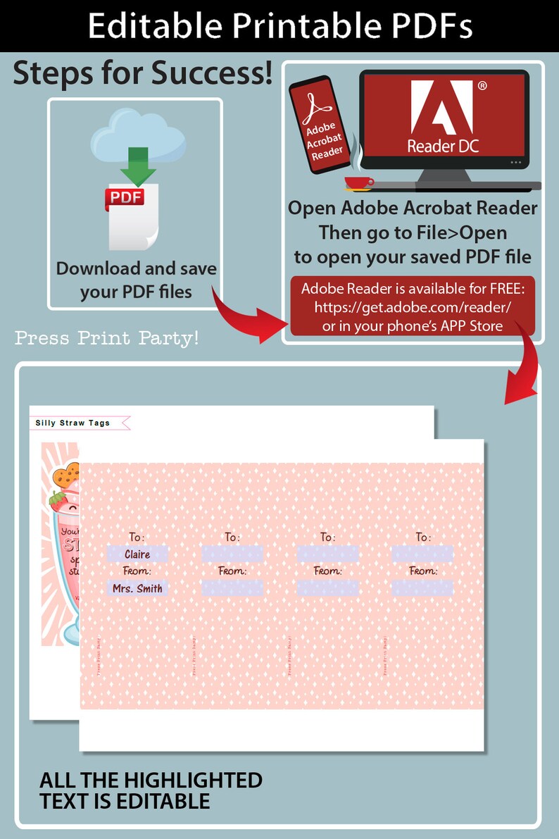 May include: An image promoting editable printable PDFs. Instructions include downloading and saving PDF files, and opening them in Adobe Acrobat Reader. The image also shows Silly Straw Tags with editable fields for names.