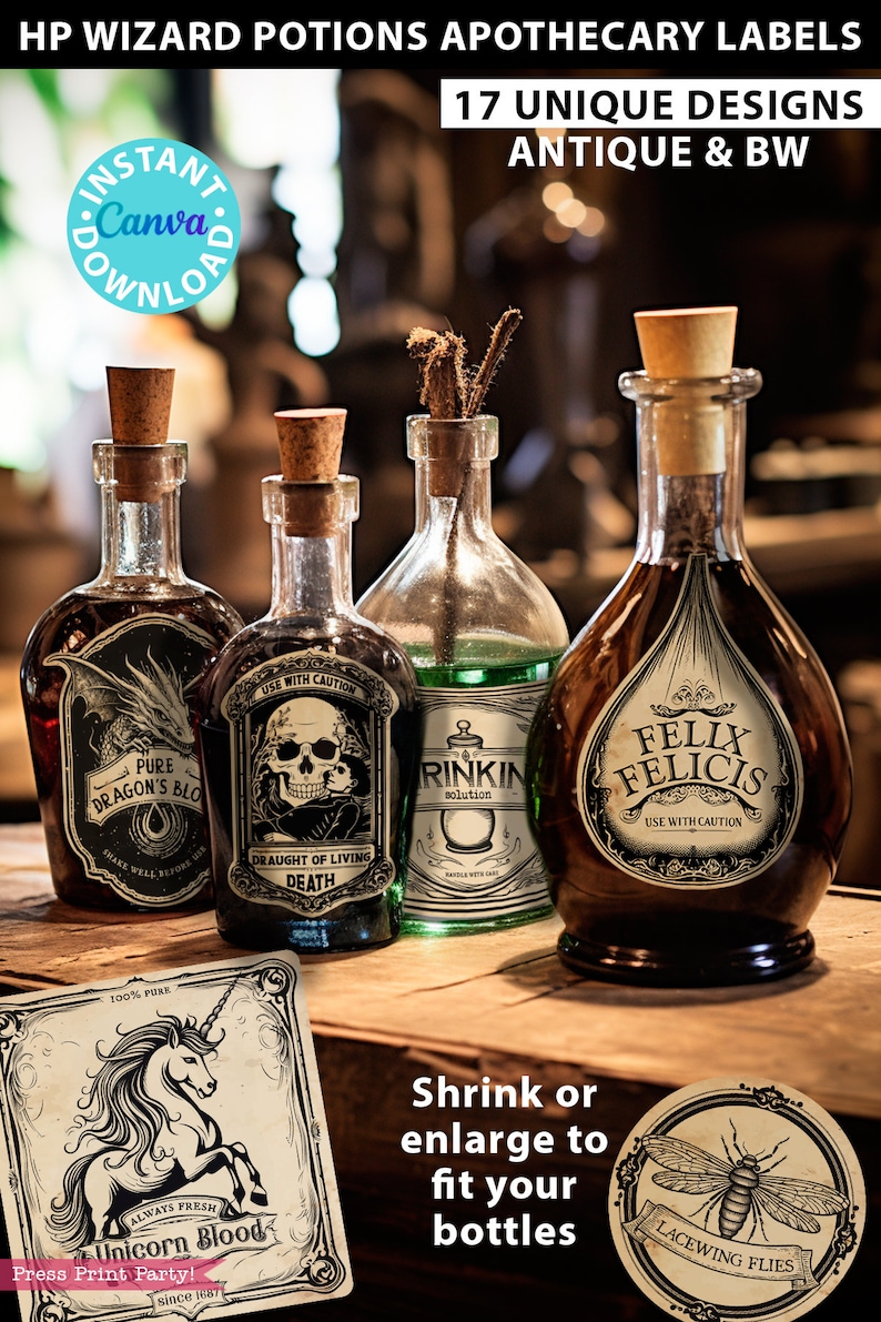 HP Wizard Party Potion Labels Decor Halloween Witch Apothecary Shelf ...