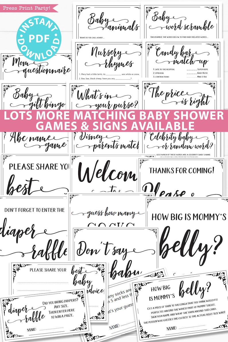 Pode incluir: Um conjunto de cart&otilde;es de jogo de ch&aacute; de beb&ecirc; imprim&iacute;veis com texto preto em fundo branco. Os cart&otilde;es apresentam v&aacute;rios jogos como "Baby Animal Scramble", "Nursery Rhymes", "Candy Bar Match-Up", "What's in Your Purse", "The Price is Right", "Celebrity Baby or Random Word", "Welcome to the Baby Shower", "Please Share Your Best Advice", "Don't Say Baby", "How Big is Mommy's Belly", "Diaper Raffle", and "Guess How Many".