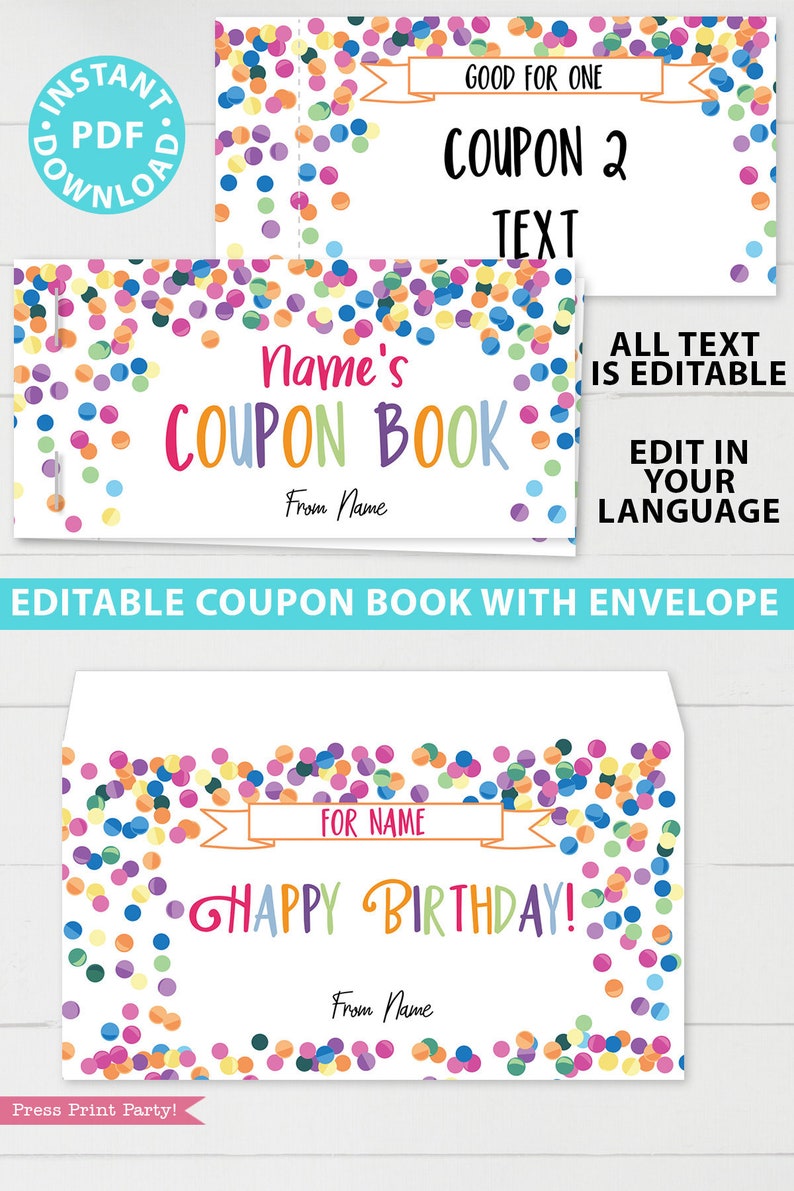 Printable Coupon Book Template, DIY Birthday Coupons Book, Custom Gift Idea, Confetti Editable Blank Coupon Book for Kids, INSTANT DOWNLOAD image 1