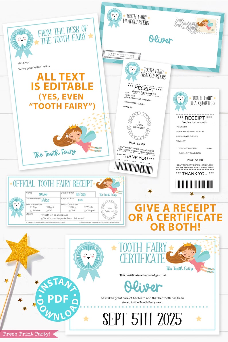 editable tooth fairy letter printable kit receipts boy blue etsy