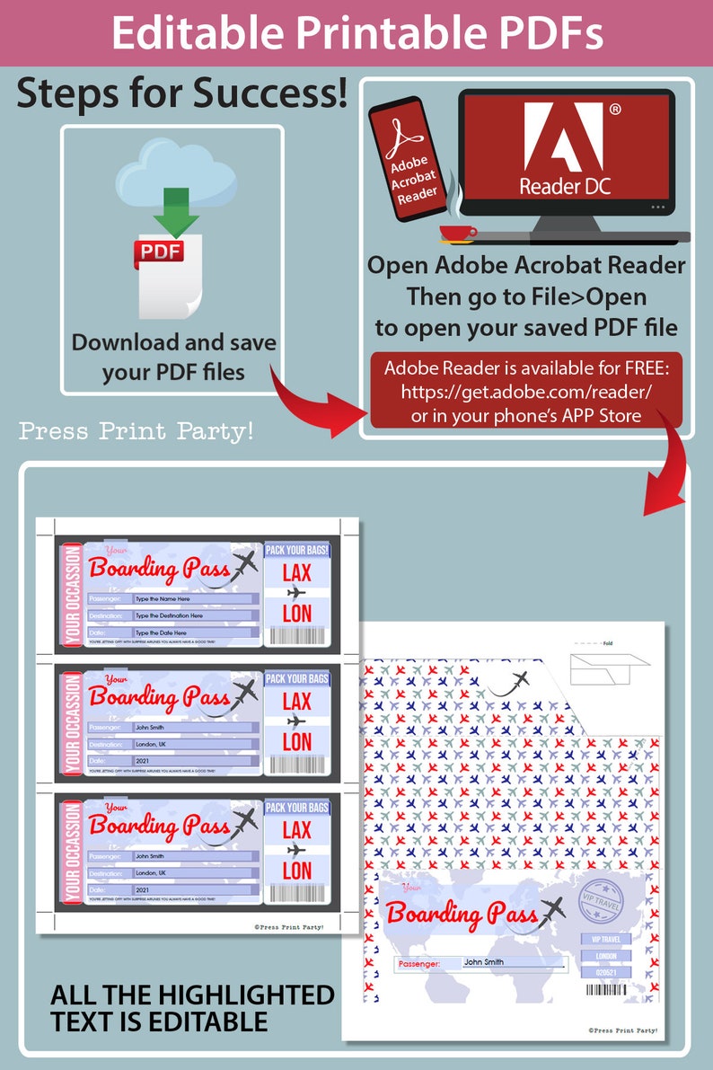 Boarding Pass Template W. Holder Editable Text Printable Etsy