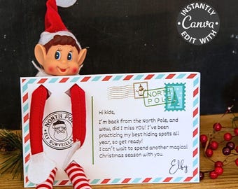 Elf Arrival Postcard Printable, Personalized I'm Back Letter, Editable Welcome Card, Custom From the North Pole Template, Elf Return